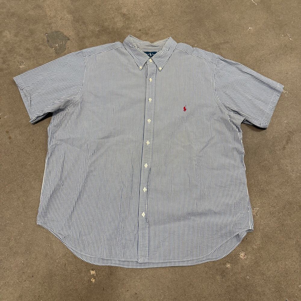 Vintage Ralph Lauren Striped Seersucker Button Down Shirt Blue 2XB Men Preppy